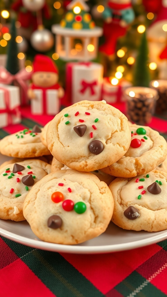 A plate of golden brown air fryer Christmas cookies with sprinkles and chocolate chips on a festive table.